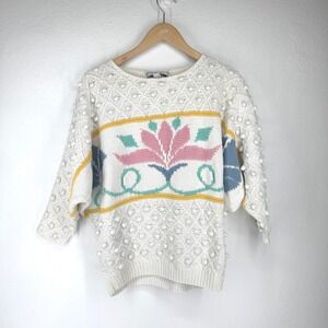 Vintage Womens Floral Popcorn Chunky Knit Sweater Size L Baggy Oversized 80s‎